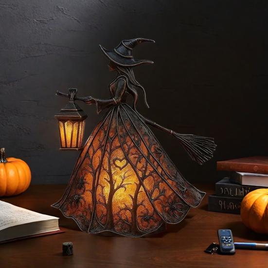 Halloween Witch Lamp Handcrafted Gothic Small Stained Glass Witch Figurine with Warm Light Desktop Standing Night Light for Home Shelf Mantel Decor