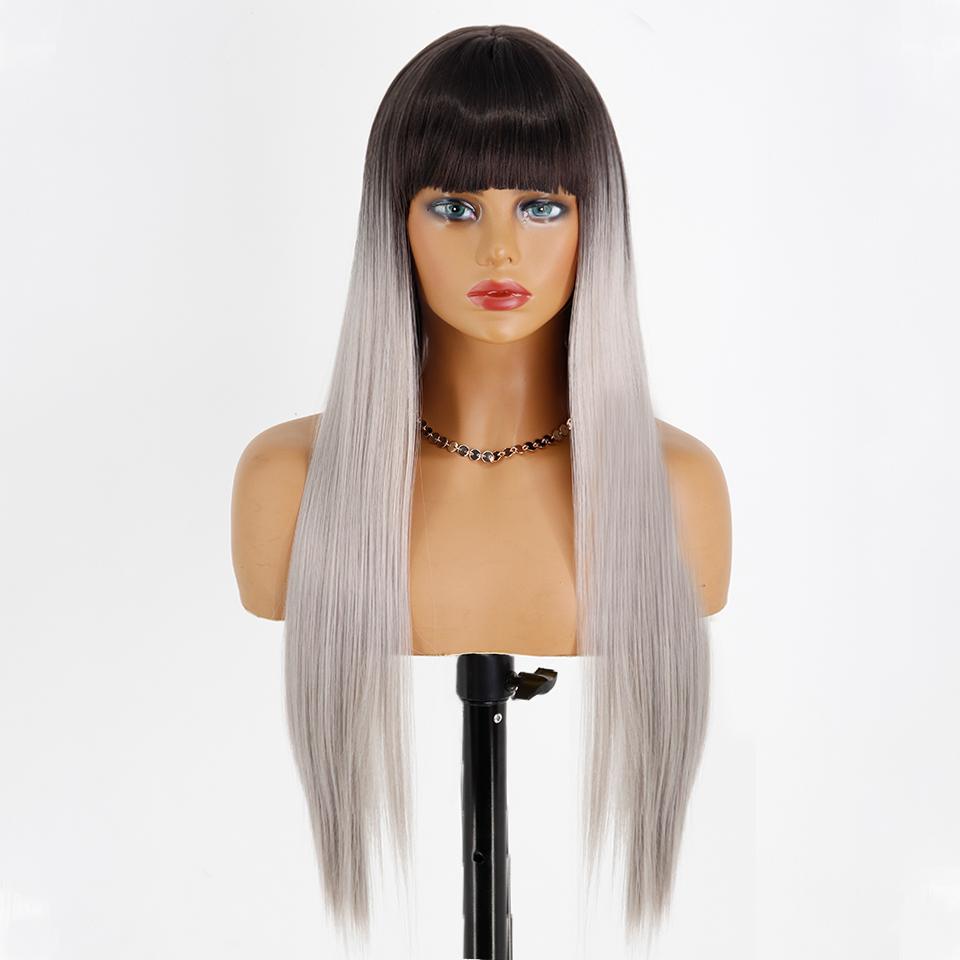 MISS WIG Women Fashion Long Straight Light Blonde Color Wig with Blunt Bangs Synthetic Fiber Daily Wear Long Straight Wig