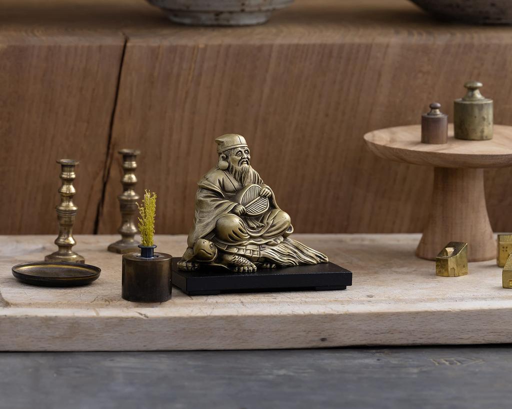 One of the Seven Lucky Gods, Jurojin, Silky Gold. Sculptor: Shuun Makita. Original: Antique Gold. Buddhist Statue. Takaoka Bronzeware (Jurojin 7F).