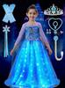 Light Up Frozen Elsa Princess Dress Long Sleeve Girls Sparkly Ball Gown with LED Lights Glowing Tulle Dress for Kids Party