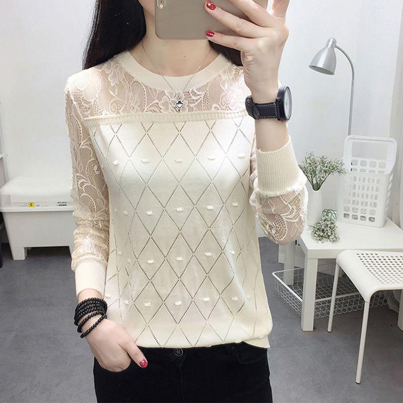 Кружевная основа рубашки женская футболка с длинным рукавом свободный и универсальный весенний трикотаж женский тонкий топ