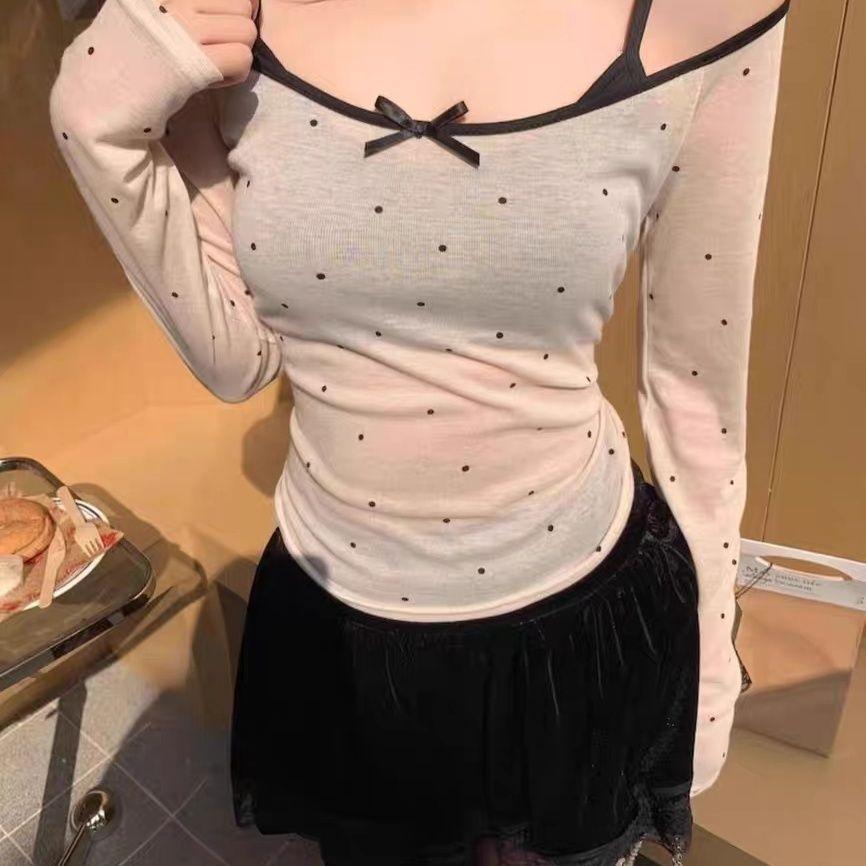 Чистое Желание С открытыми плечами Сетчатая в горошек Сексуальная футболка С длинным рукавом Приталенная Летняя Защита от солнца Майка Стильный топ