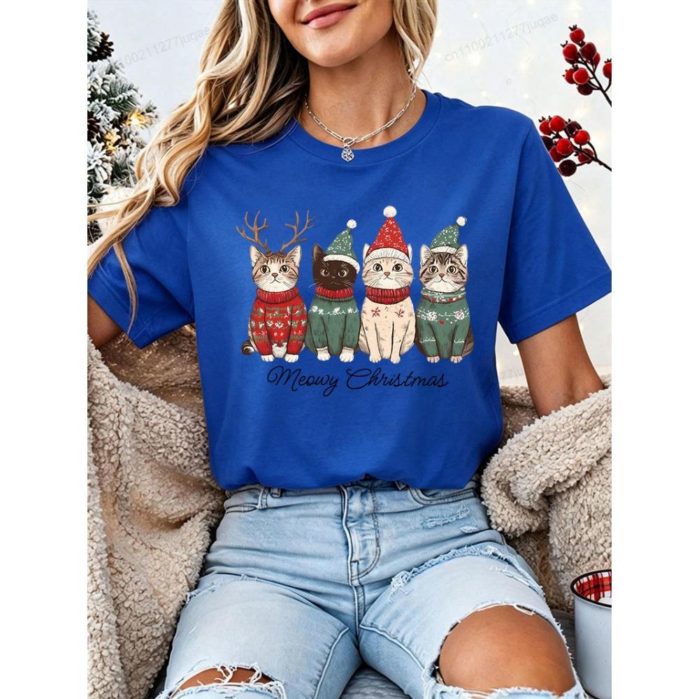 Женская Рождественская футболка Meowy Christmas Милый Кот Рождественский Свитер Шапка Принт с Оленем Короткий Рукав Повседневный Праздничный Вечеринка Футболки Топы подарок