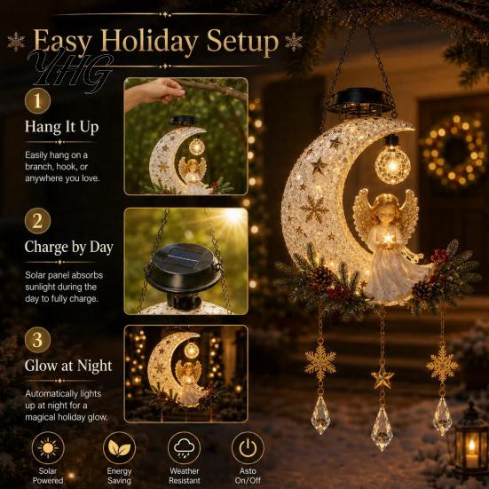 Weather Resistant Resin Ornament Solar Angel Moon Light, Christmas Hanging Lantern with Warm Glow, Outdoor Decor Yard Decoration for Porch Tree, Faux
