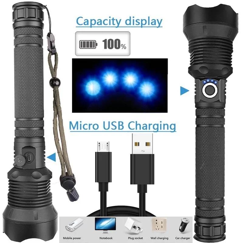 Тактический фонарь XHP90/XHP70 LED, перезаряжаемый через USB, с зумом, 5 режимов, фонарик, использует батарею 26650, водонепроницаемый ручной фонарь