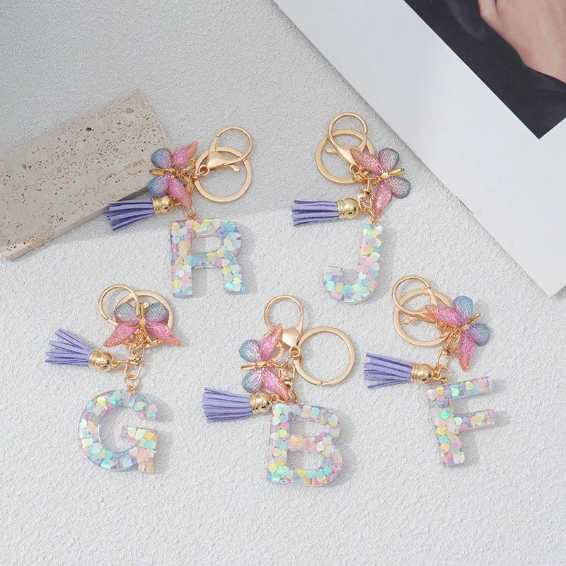 Брелок для ключей в форме сердца и буквы с бабочкой и кисточкой, шарм для сумки