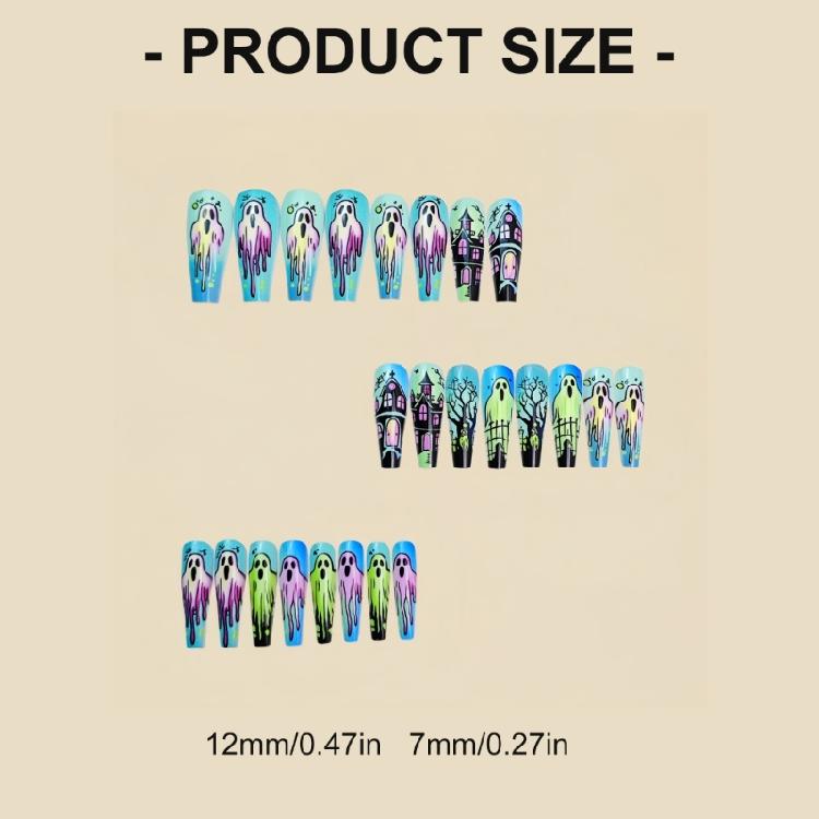 24Pieces Halloween Coffin Fake Nail Blue Bat Pumpkin Design Durability Nail For Women Party Costume Accessories