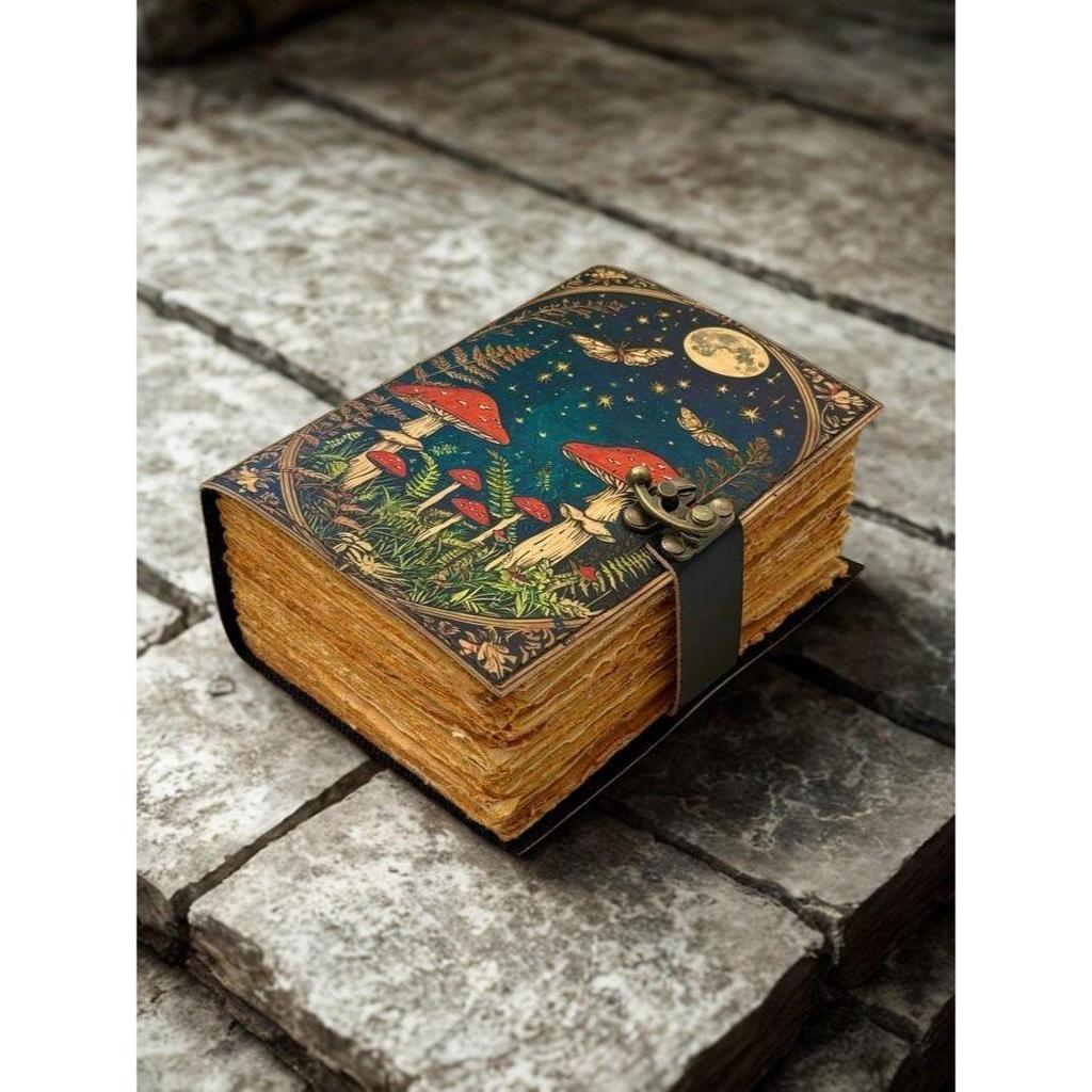 Mushroom Leather Journal With Antique Deckle Edge Paper Personalized Gift Blank Spell Book of Shadows Wiccan Pagan Gift for Him