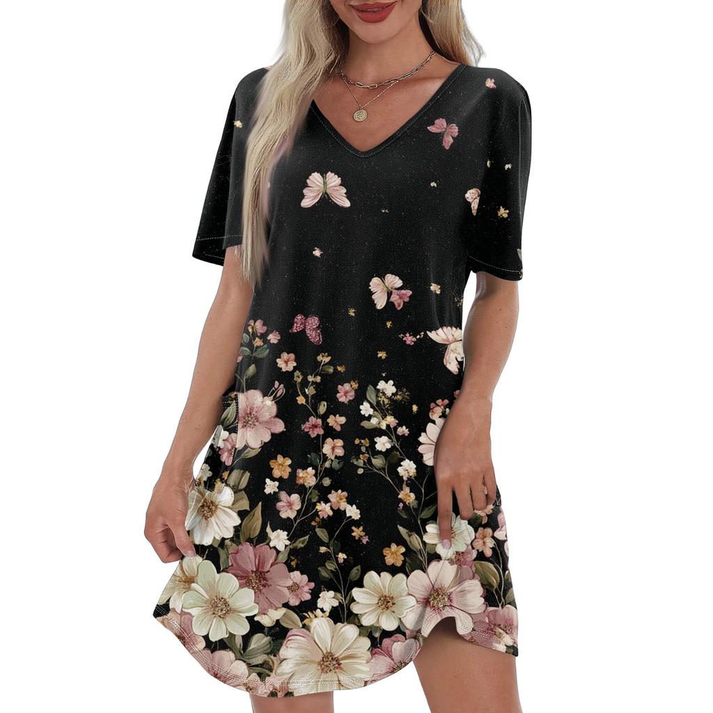 Women's Casual And Fashionable V-neck Short Sleeve Printing Mid Length Dress