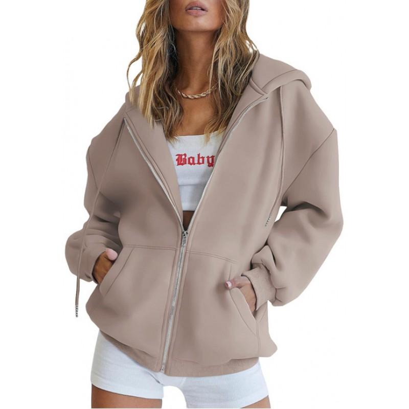 Womens Zip-Up Hooded Sweatshirt Jacket Solid Color Thick Casual Sportswear