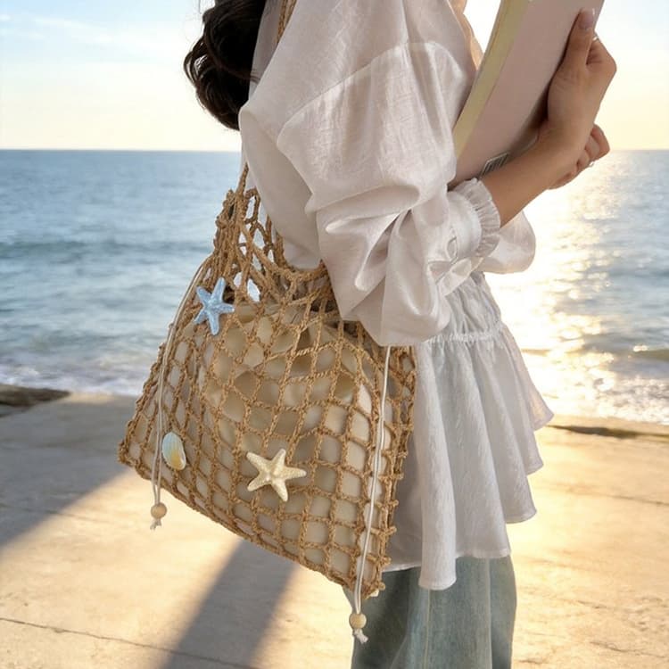 Summer vacation drawstring lined fishing net woven bag