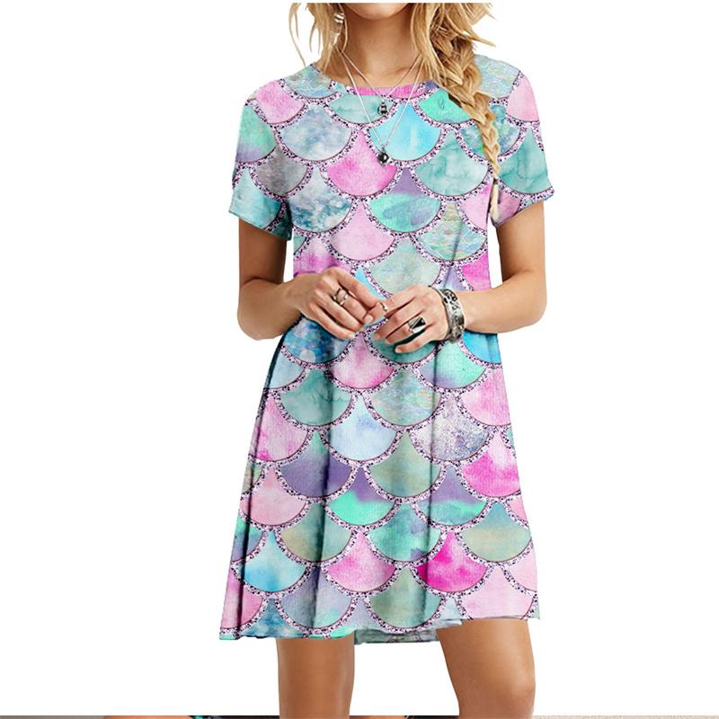 Размер S-6XL 3D Платья с принтом «рыбьей чешуи», летнее пляжное платье для женщин с коротким рукавом, повседневное женское платье с круглым вырезом, большие размеры, платье Vestido