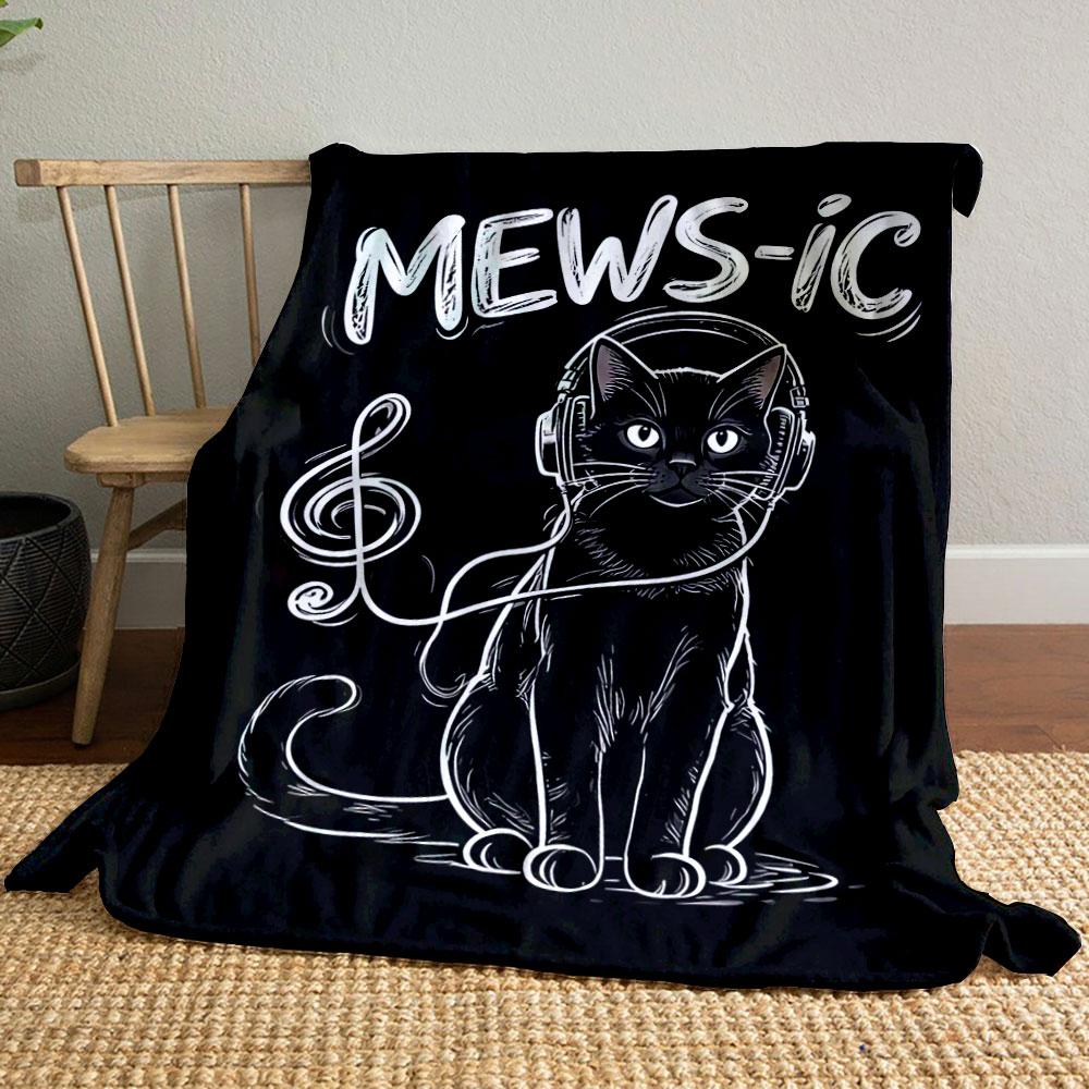 A black cat with headphones and a treble clef-shaped cable, labeled "MEWS-IC". for all seasons blanket lunch break throw gift
