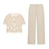 Linen Blended round Neck Short Sleeve Suit Outwear 3597998 High Waist Straight-leg Casual Pants 3723998