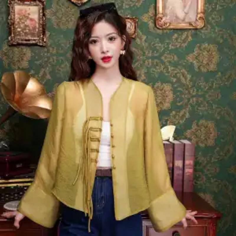 Новый китайский стиль ретро простой пряжка солнцезащитная одежда свободный дышащий топ темпераментная куртка