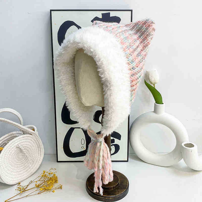Cute Plush Knitted Hat with Cat Ears Big Head Circumference Face Showing Small Colorful Thick Woolen Contrasting Color Ear Protection Hat