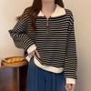 Oversized Zip Front Hooded Sweatshirt Women Long Sleeve Polo Neck Casual Loose Fit Striped Top Autumn