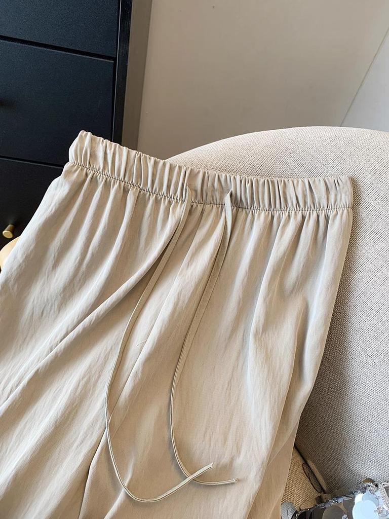Textured Pleated Tencel Cotton Women's Cropped Wide-Leg Pants - Spring/Summer, Loose Draping Eight-Point Straight-Leg Casual Pants