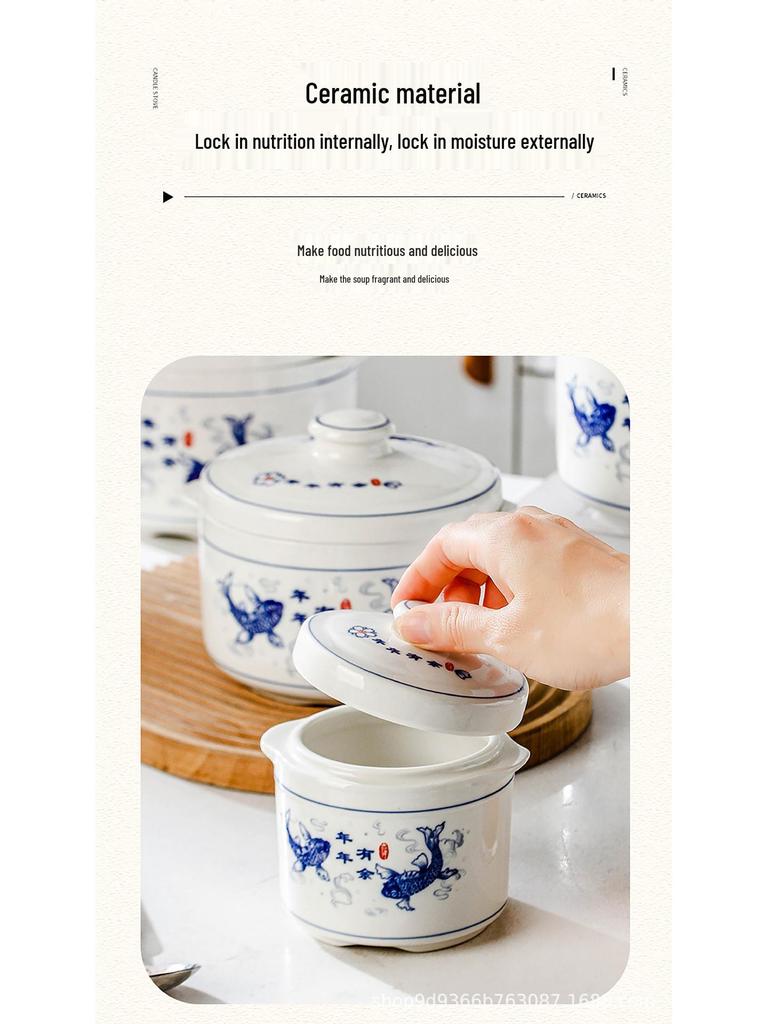 Blue & White Ceramic Double-Boiler Stew Pot with Lid, High Temperature Resistant, Ideal for Bird's Nest Soup and Stews.