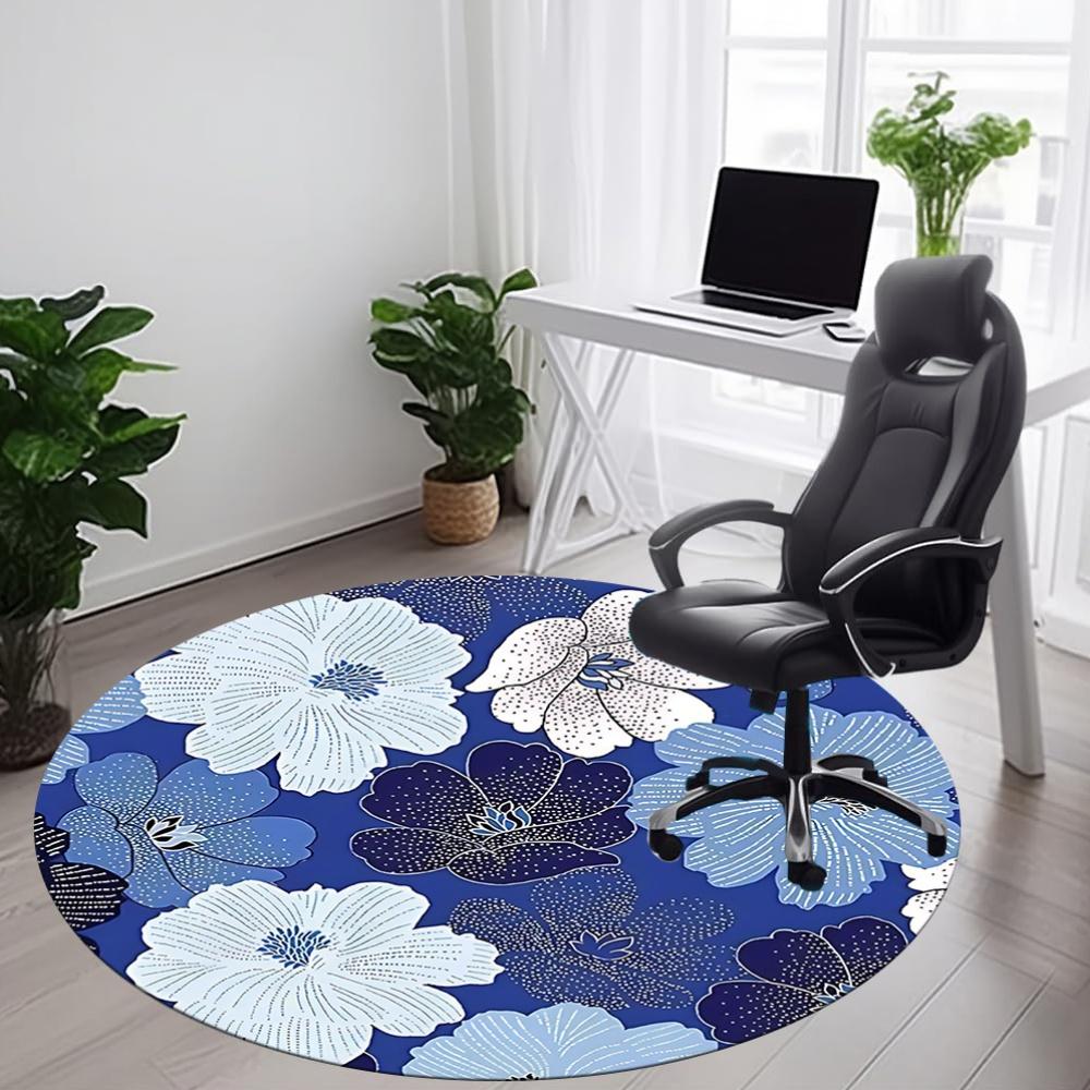 1pc Floral Blue Office Round Area Rug, Mat Suitable For Office, Under Office Chairs Bedroom Living Room Home Decor, Room Deco