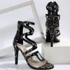 Женские босоножки на высоком каблуке, новые летние сексуальные женские туфли на высоком каблуке с острым змеиным узором и застежкой-молнией сзади