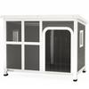 Wooden Outdoor Dog House with Asphalt Openable Top, Removable Floor, Clear Front Panel, Curtain, Light Grey