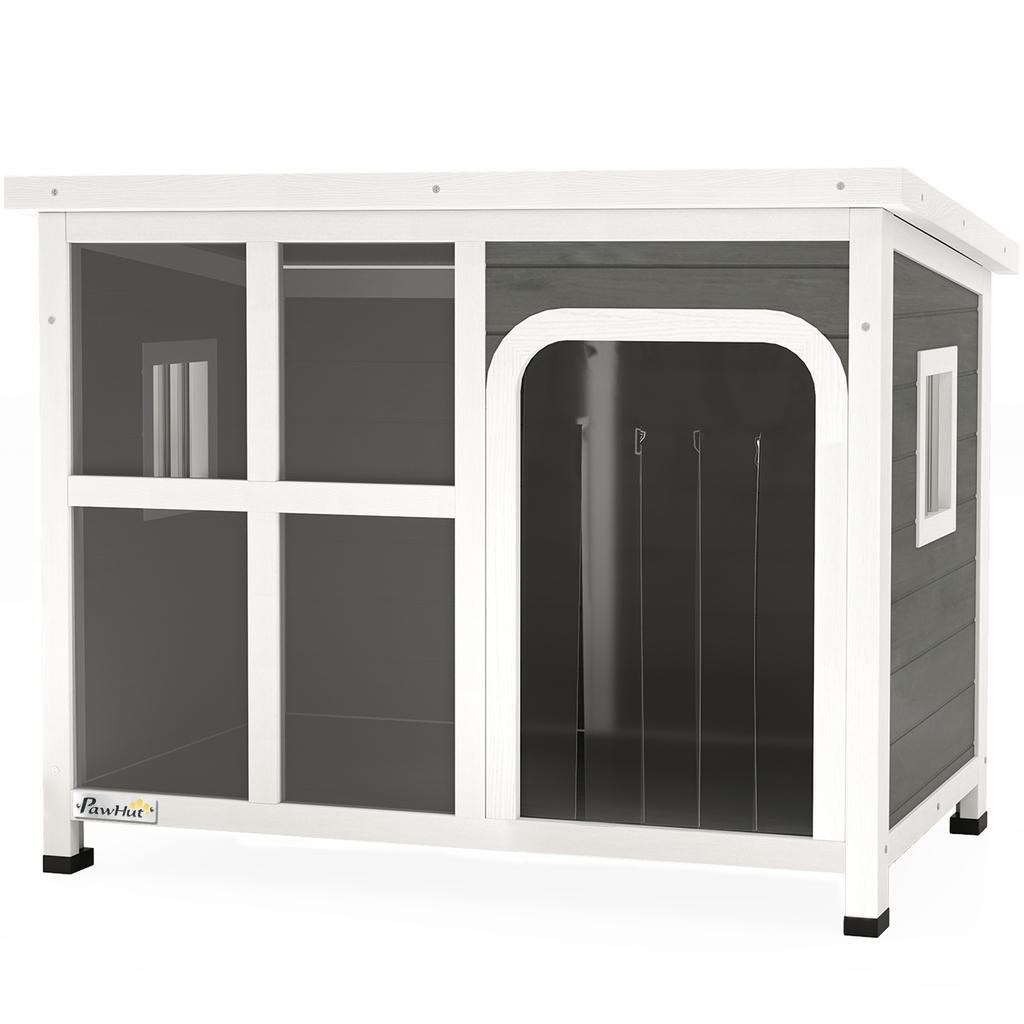 Wooden Outdoor Dog House with Asphalt Openable Top, Removable Floor, Clear Front Panel, Curtain, Light Grey
