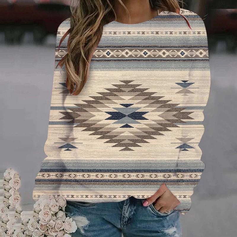 Весенне-осенний топ с круглым вырезом, 3D-принтом в этническом стиле, модная повседневная женская футболка с длинным рукавом