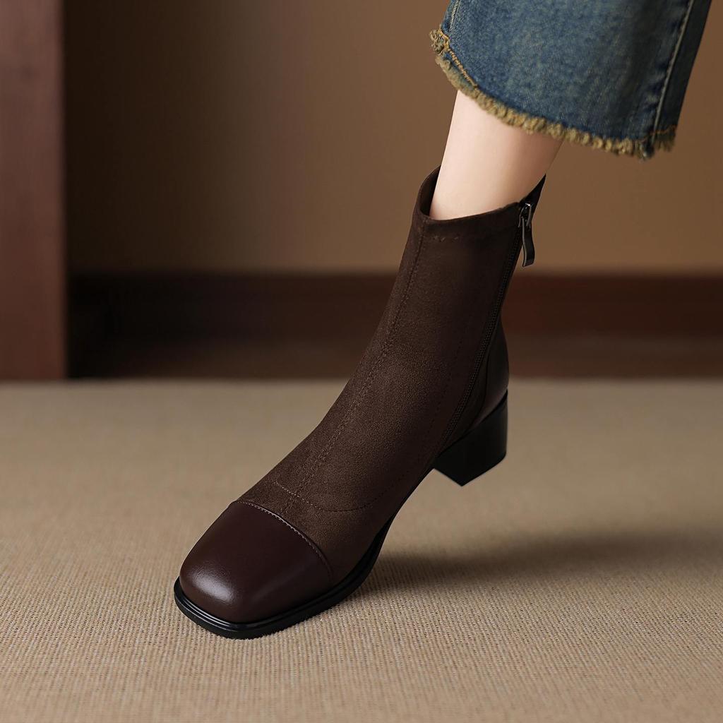 Krazing Pot Микрофибра Флок Квадратный Носок Средний Каблук Эластичные Сапоги Размер 43 Молния Женские Базовый Дизайн Ботильоны