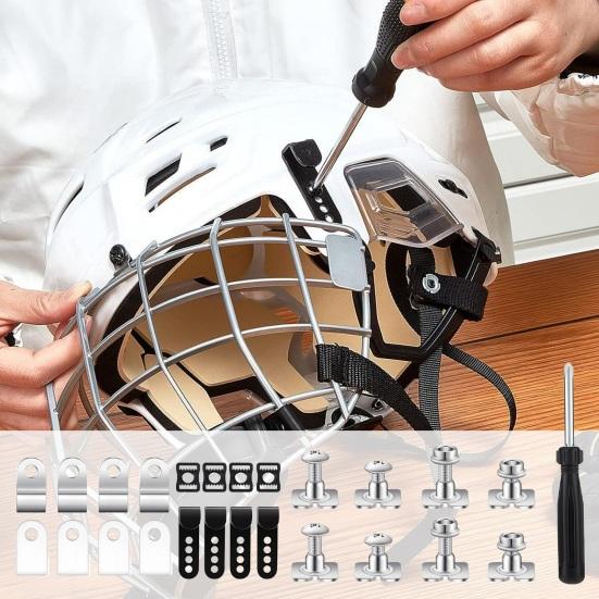 Комплект для ремонта хоккейного шлема из 33 предметов, включая J-образные зажимы, R-образные зажимы для козырька, резиновые прокладки, винты с гайками и отвертку