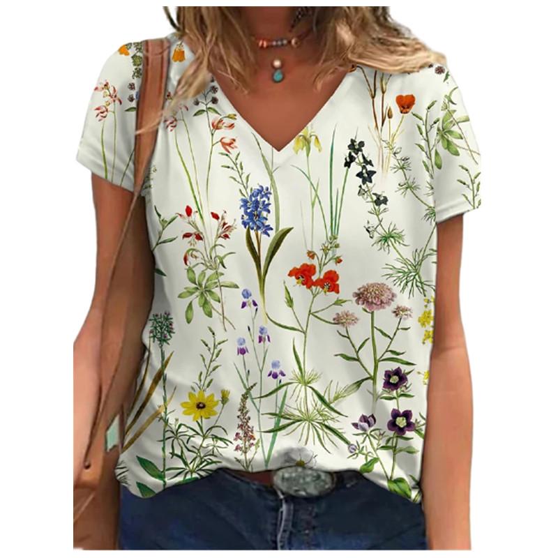 Vintage 3D Flower Print Women T Shirt Short Sleeve Loose V-Neck Street Casual Oversized Tops Summer Large Size 6XL