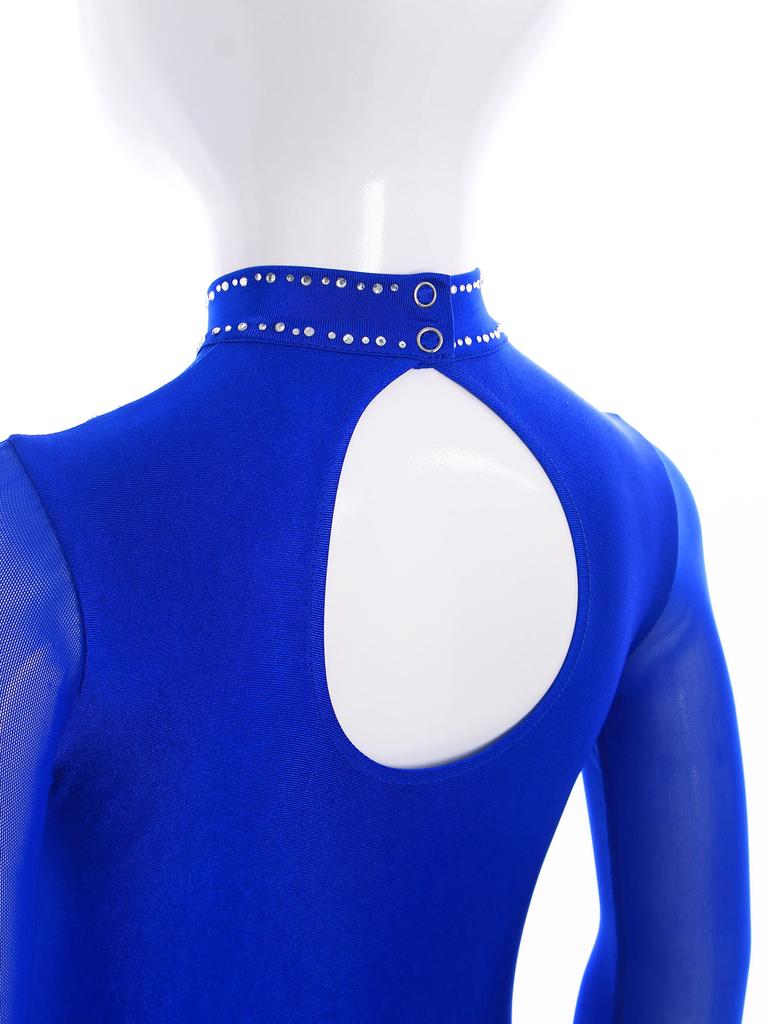 Girls Sheer Mesh Long Sleeve Leotard Cutout Back Sparkly Rhinestone Gymnastics Figure Skating Costume