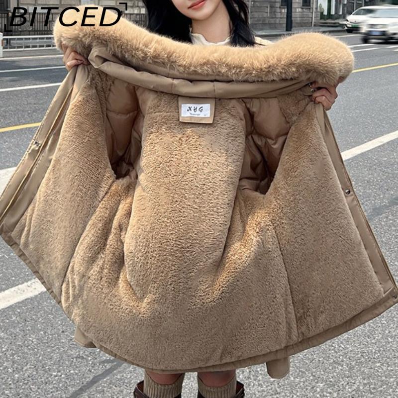 BITCED Winter Thickened Puffer Coat for Women with Waist-cinching, Slimming Fit, Hood and Large Fur Collar for Warmth