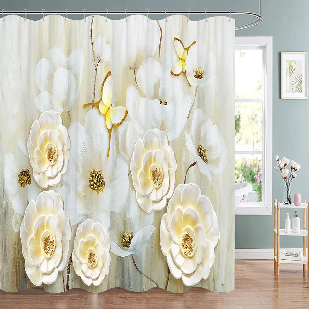 Elegant and Fashionable Fantasy Pearls and Diamonds Bouquet Shower Curtains 3D Style Relief Sculpture Bath Curtain Bathroom Deco