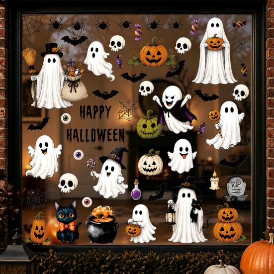 PVC Wall Sticker 6 Sheets Halloween Window Clings, Spooky Ghost Pumpkin Bat Clear Pattern Decal Sticker, Reusable Static Glass Decals for Holiday