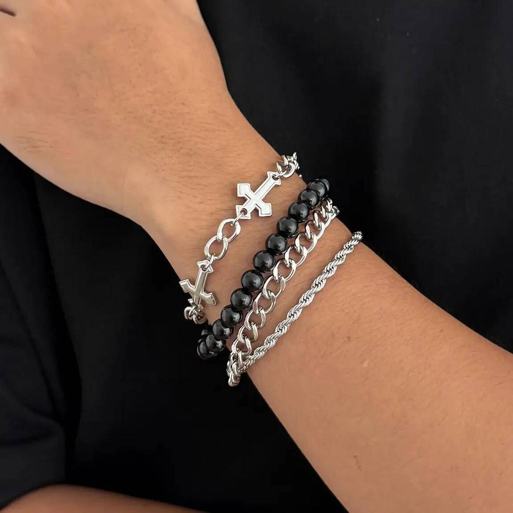 Ingemark 4Pcs/Set Punk Cross Beads Chain Bracelets for Men on Hand Hip Hop Adjustable Chain Bangles Couple Halloween Jewelry