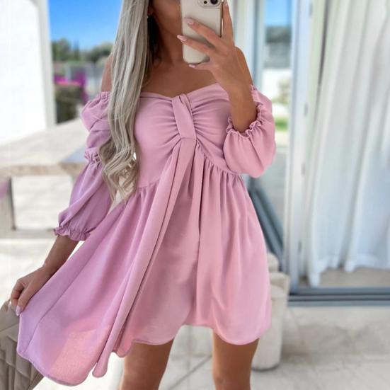 Women Mini Dress Off Shoulder Loose Hem High Waist Bubble Sleeves A-line Solid Color Soft Pleated Lady Beach Prom Dress