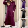 Lady Dress Color Sweatshirt Dress Hooded Drawstring Plus Size Long Sleeve Front Pocket Sexy Side Split Maxi Dress