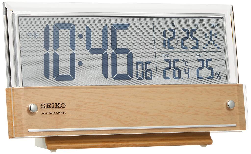 Seiko Clock Table Clock Alarm Clock Radio Digital Calendar Temperature and Humidity Display LCD Light Brown Wood Grain Pattern Body X 19 X Cm SQ782B