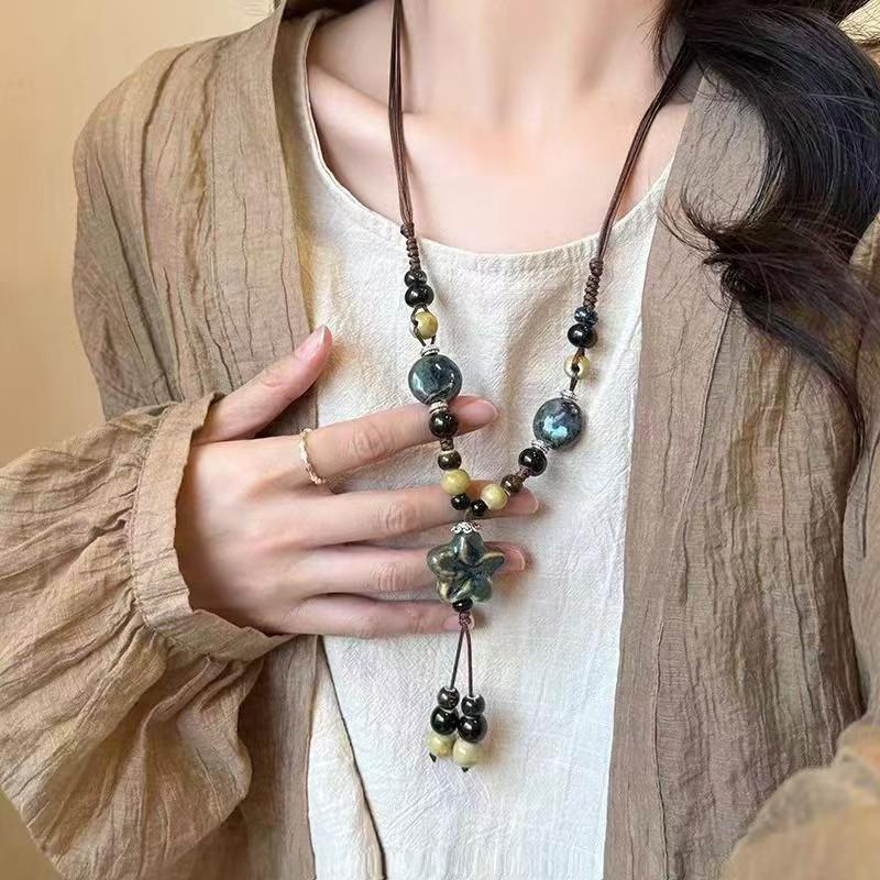 Vintage Bohemian Style Ceramic Beaded Woven Necklace For Women Girls Ethnic Style Long Necklace Jewelry Accessories Gifts