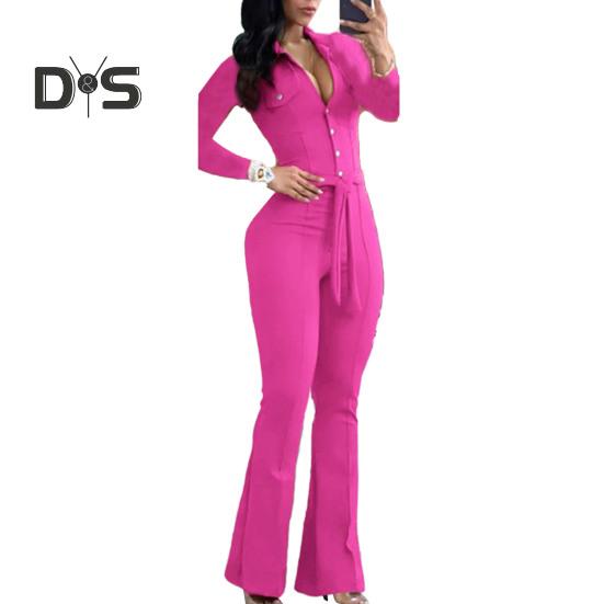 Women Fall Spring Jumpsuit Lapel Half Single-breasted Solid Color Long Sleeve Slim Fit Flared Cuff Low-cut Belted High Waist Elastic Lady Long
