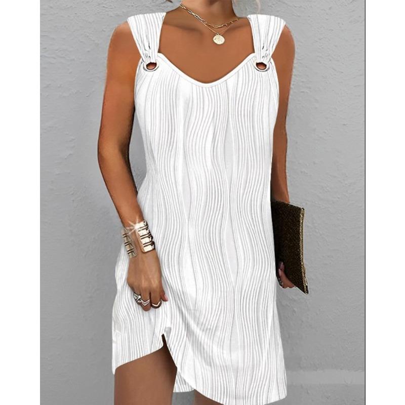 VEZFAA Women's Fashion Summer Spring Solid Color Print Sleeveless V-Neck Loose Waistline Casual Dresses