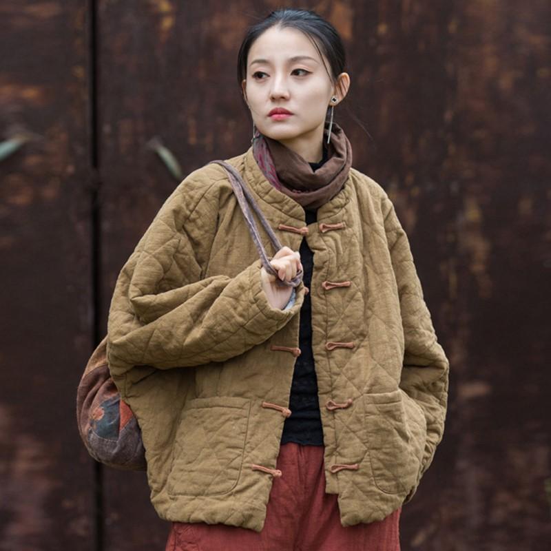 Johnature Женские винтажные зимние пальто с длинным рукавом и пуговицами, однотонные карманы, женские пальто в китайском стиле