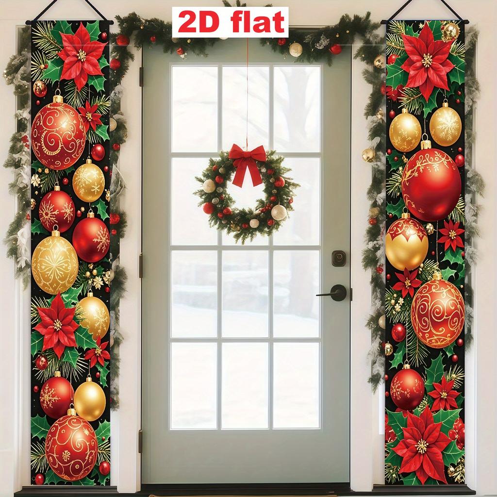 2pcs Christmas Decorative Door Couplet 30x180cm, Poinsettia Christmas Ball Holly Berry Pattern, Porch Hanging Decor