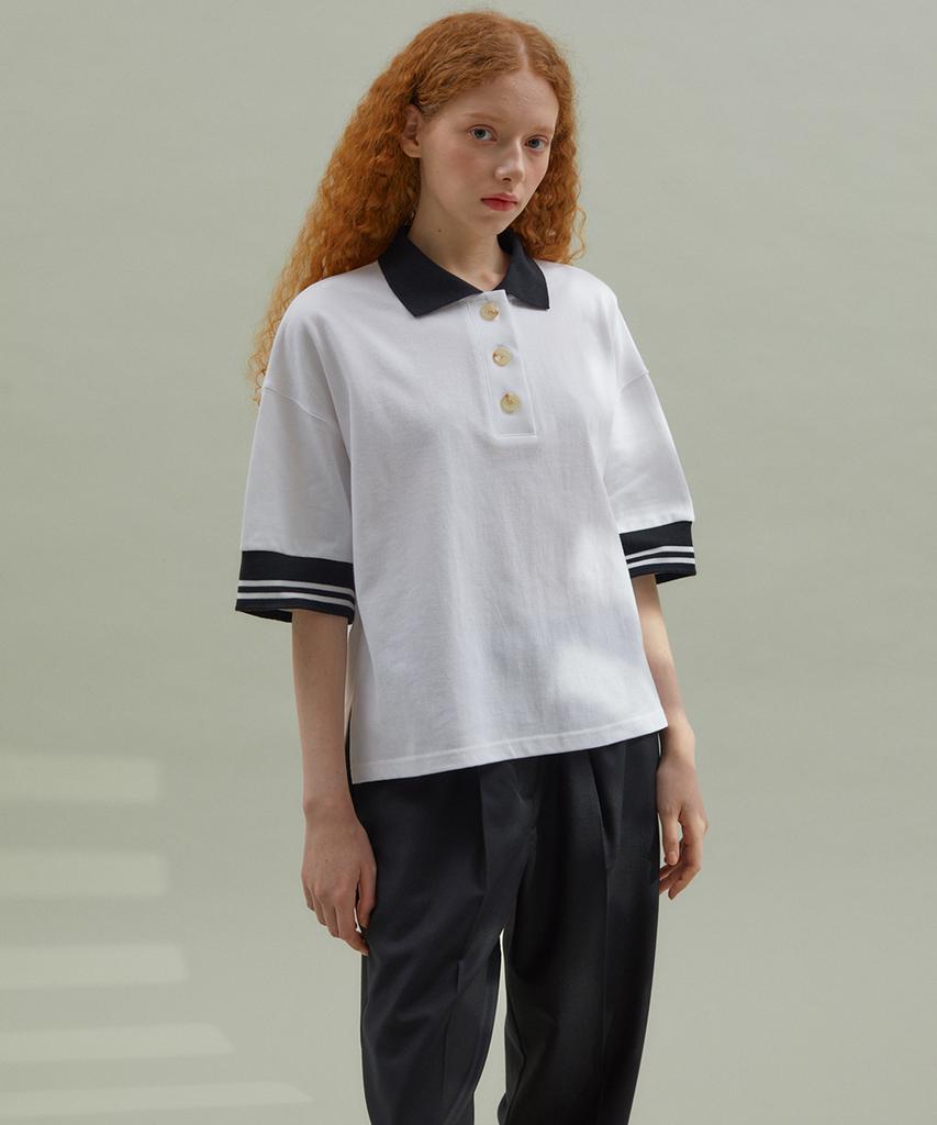 MANAVIS7 Striped Rib Collar T-Shirt White