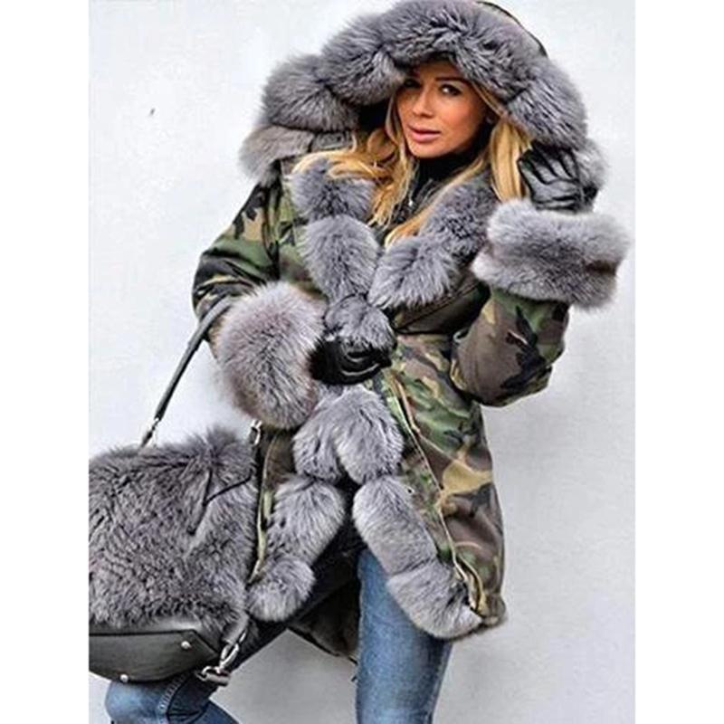Женская модная парка в стиле милитари, верхняя одежда, зимняя теплая куртка из искусственного меха с камуфляжным принтом, куртка с капюшоном