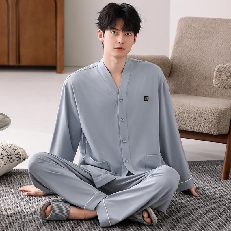 Men Casual Spring and Autumn Cotton Pajamas Set Cardigan Long Sleeve Top+Pant 2pcs Sleepwear Set Male Loungewear
