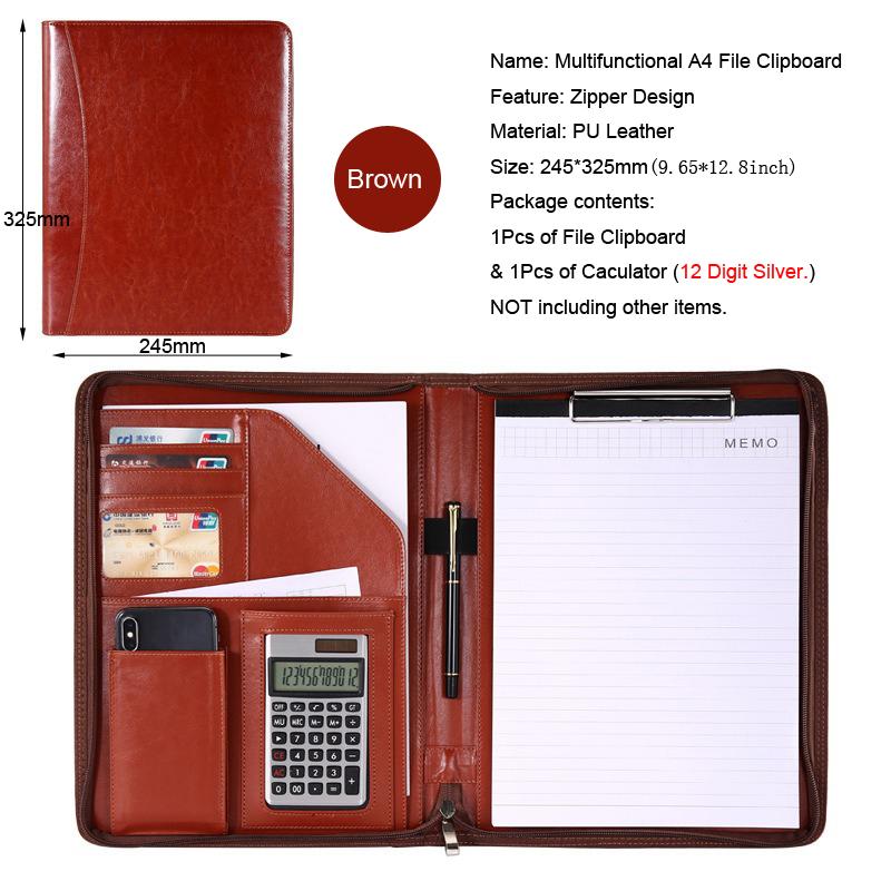 Multifunctional A4 Leather Conference Portfolio Folder for Document Organizer Zippered Man Executive Folder Briefcase Office