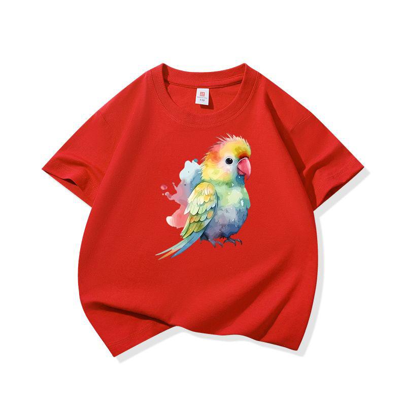 Bright Watercolor Rainbow Parrot Graphic Tee Kids Pure Cotton Crew Neck Print T Shirt Short Sleeve Muticolor Tops Boys Girls