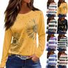 Women's Fashion Casual Slit Hem Round Neck Long Sleeve Loose Printed T-Shirt Ladies Top